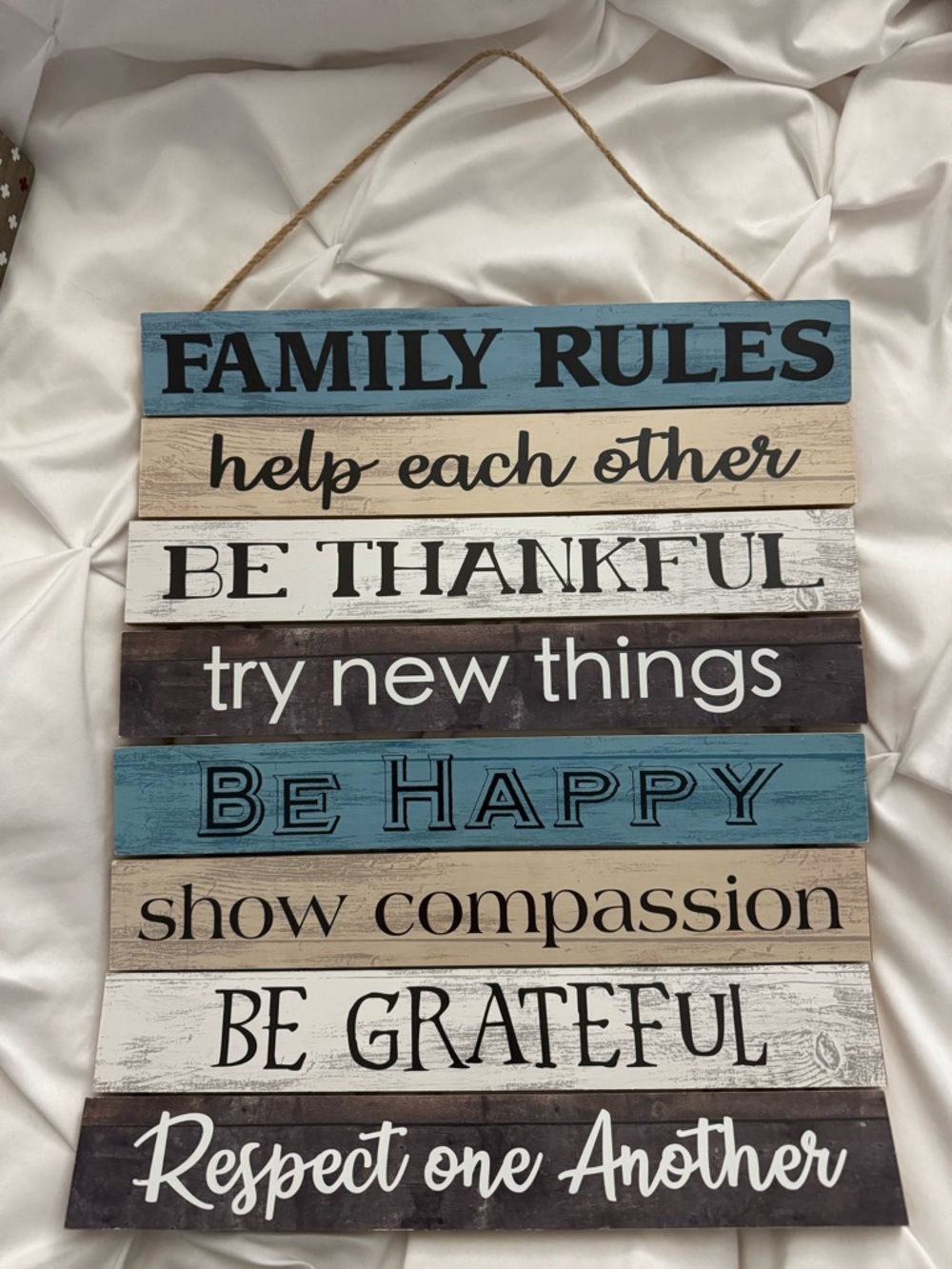 Rustic Family Rules Wooden Wall Sign in Blue, White, Beige, Brown
